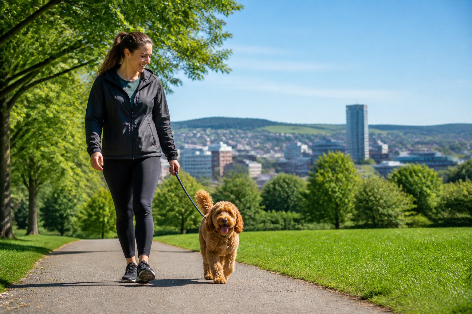 A person walking a medium-sized dog along a tree-lined path in a green urban park with city buildings and hills visible in the background.