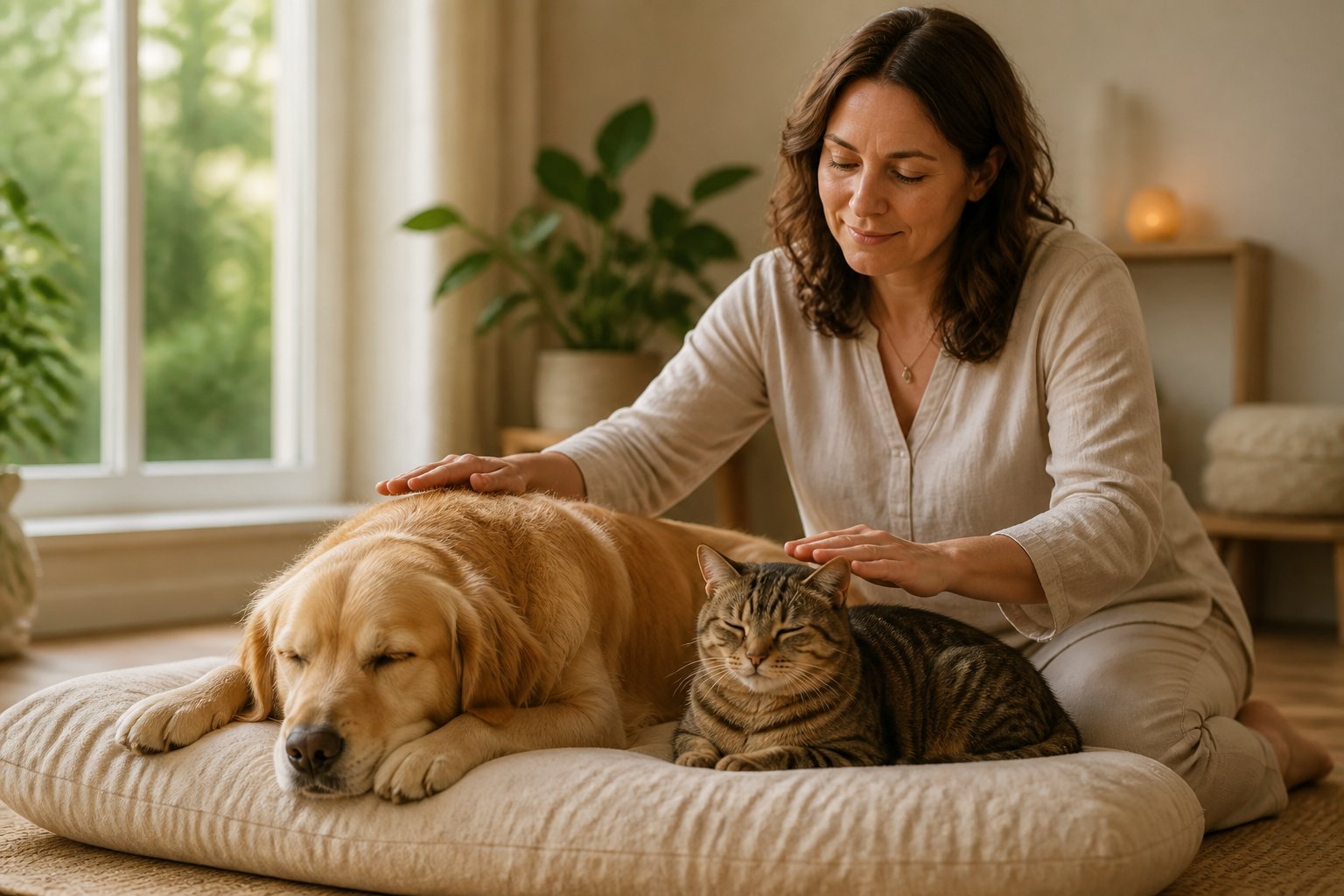 A person gently placing hands near a relaxed dog and cat sitting together on a cushion in a bright room.