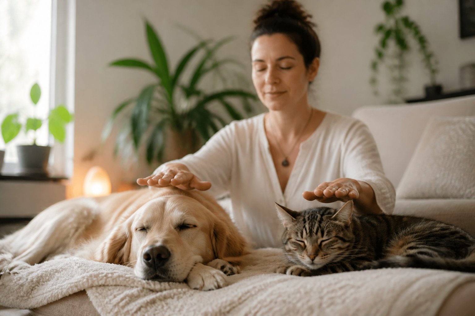 A person gently performing Reiki on a relaxed dog and cat lying together in a cozy living room.