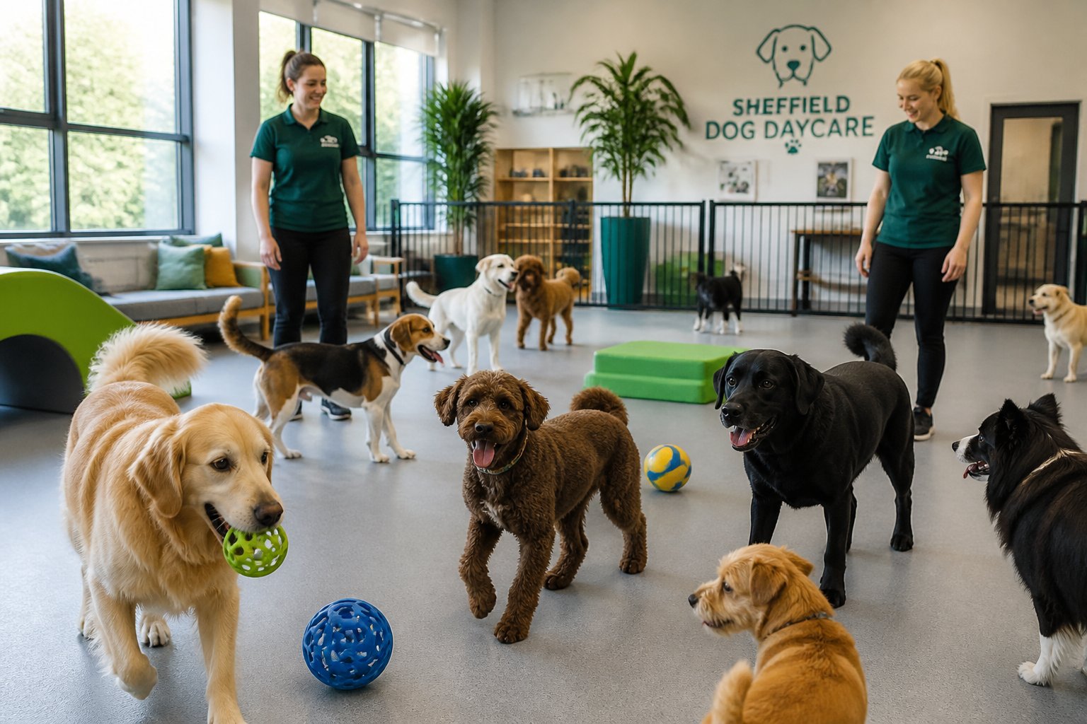 Several dogs playing together in a bright indoor dog daycare with staff watching over them.