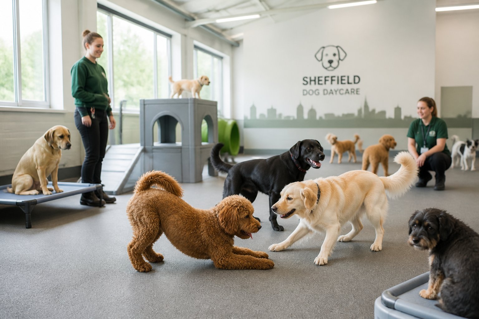 A group of dogs in a bright indoor dog daycare, with some dogs playing together and others looking hesitant, while staff watch over them.