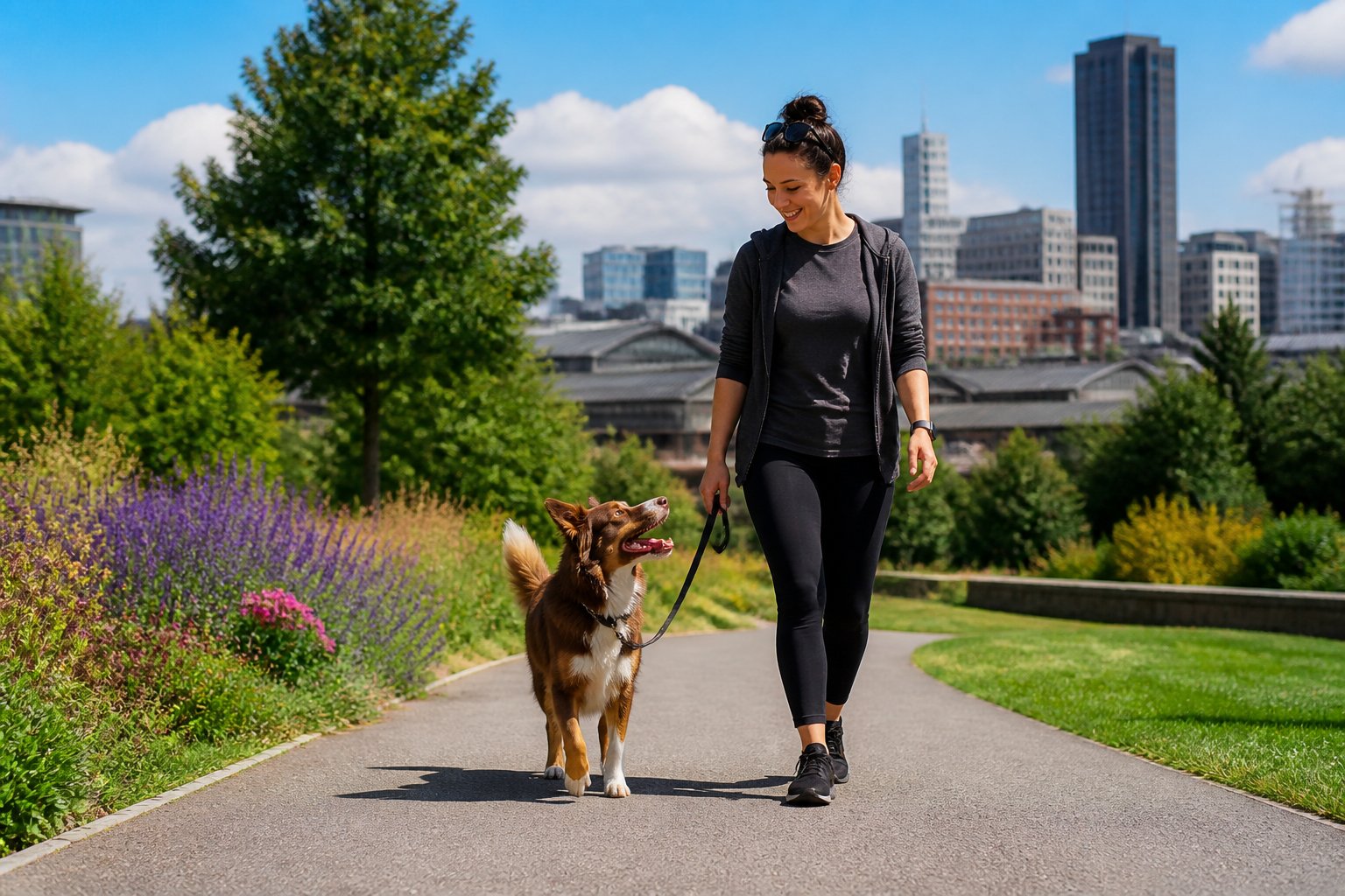 A dog walker leading a happy dog on a leash along a park path in Sheffield with city buildings in the background.