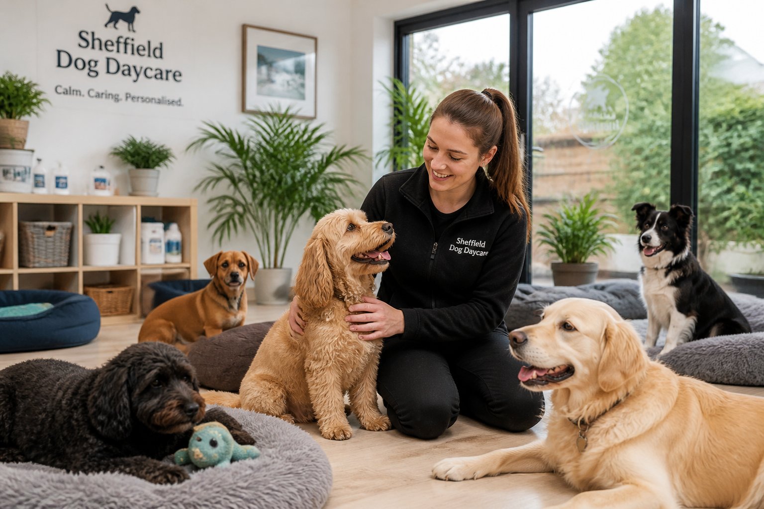 A woman gently petting dogs in a bright, calm indoor dog daycare with natural light and comfortable surroundings.