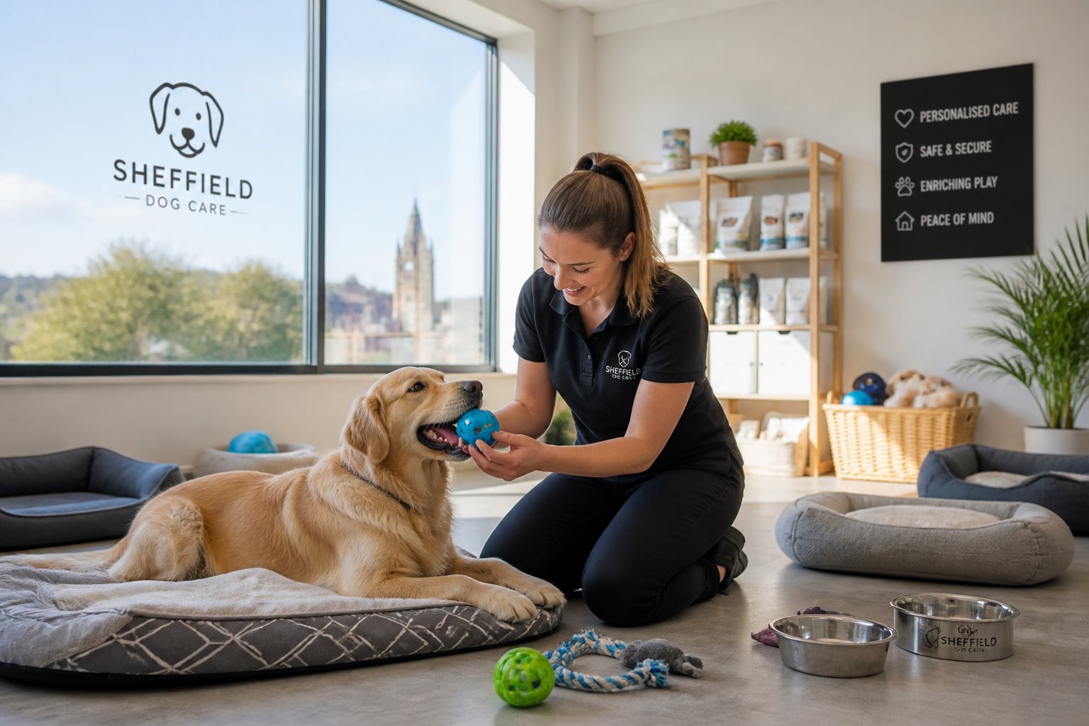 A dog playing indoors with a dog care professional in a bright, clean dog care facility.