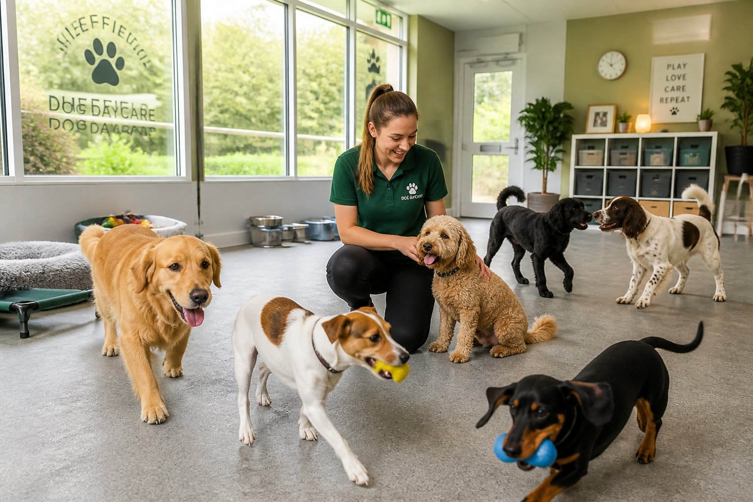 Several dogs playing and resting inside a bright and clean dog daycare centre with a caregiver watching them.