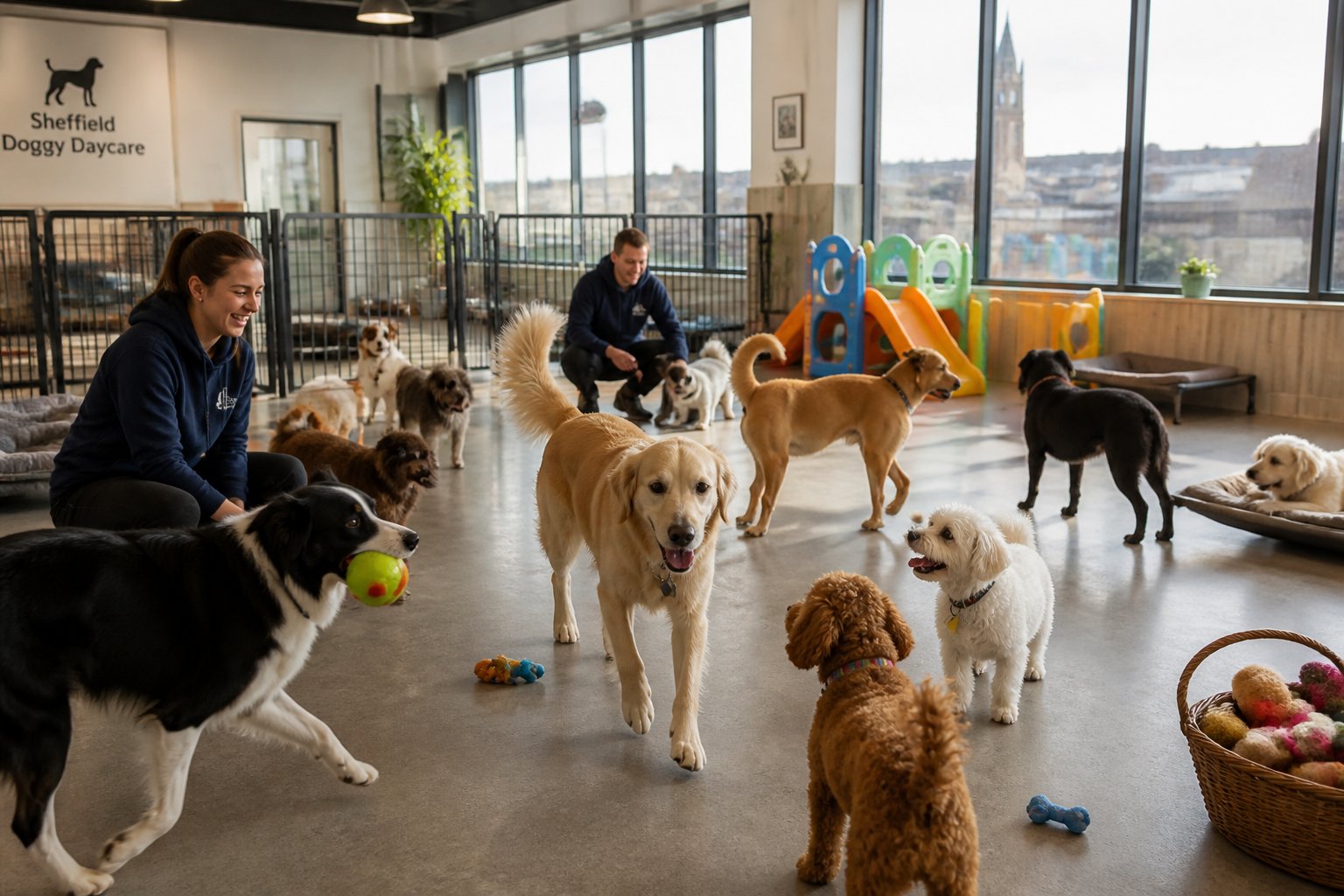 Indoor dog daycare with several dogs playing and caregivers supervising in a bright, spacious room.
