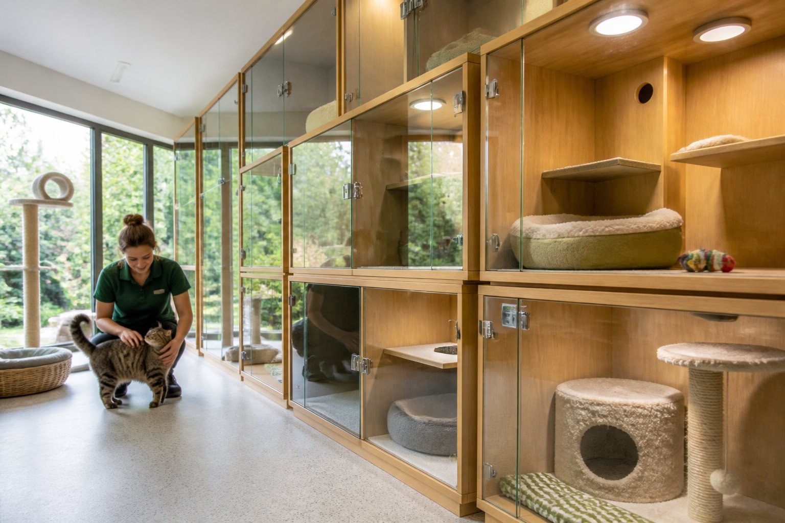 Interior of a clean and spacious cattery with individual cat enclosures and a staff member caring for a cat.