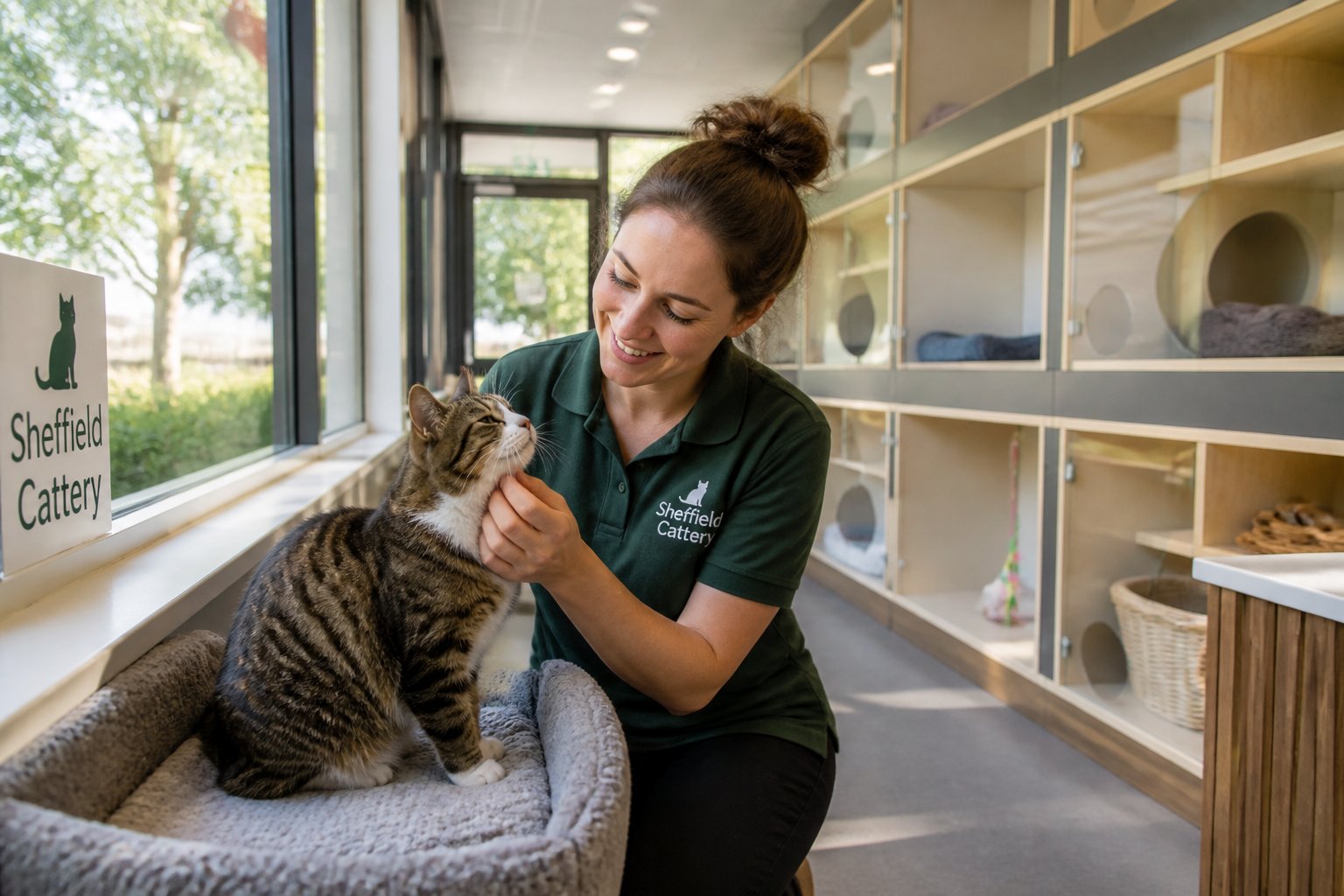 A person gently interacting with a relaxed cat inside a clean and spacious cattery with natural light and comfortable cat enclosures.