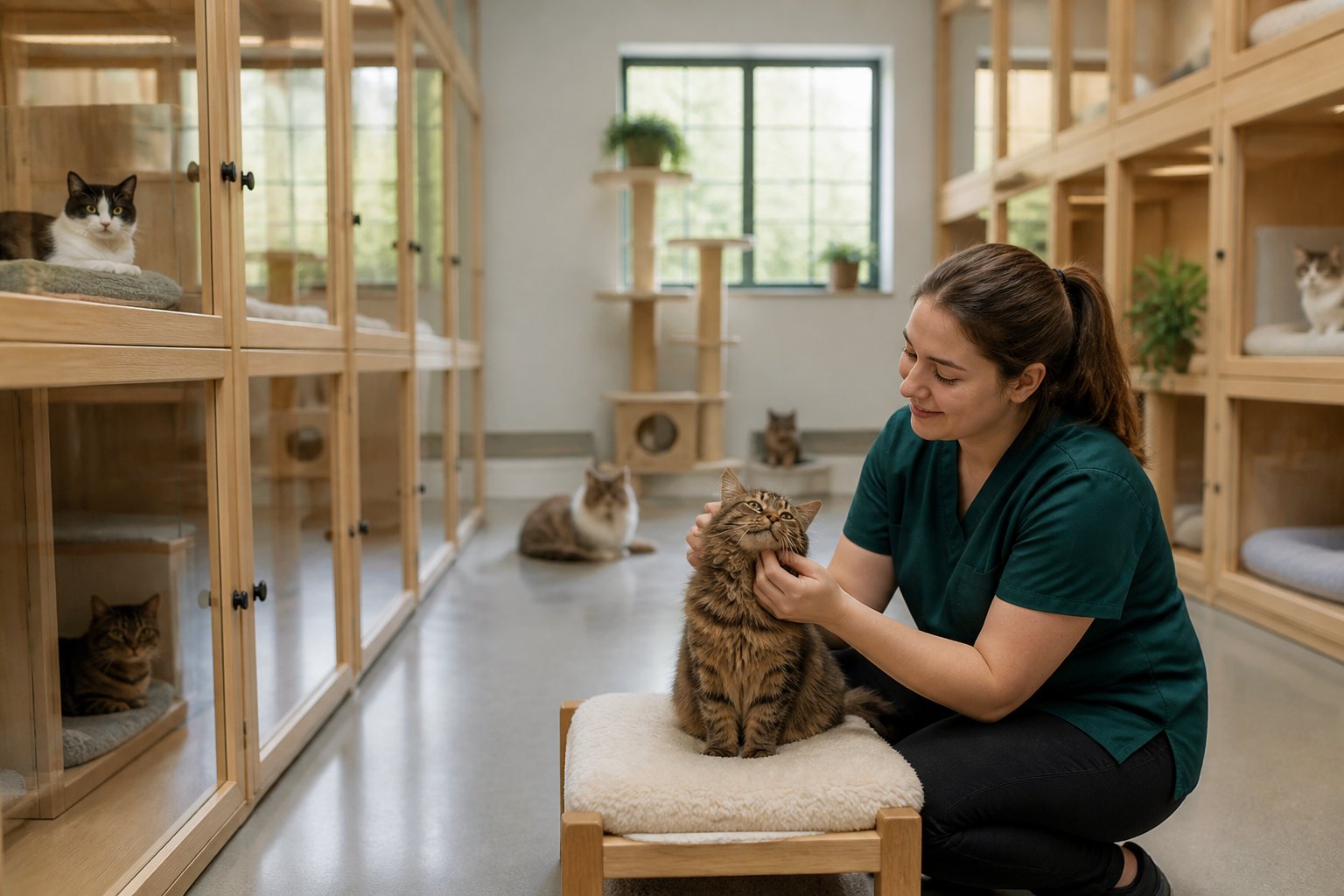 A clean indoor cattery with cats resting and playing in spacious enclosures, and a staff member gently interacting with a cat.