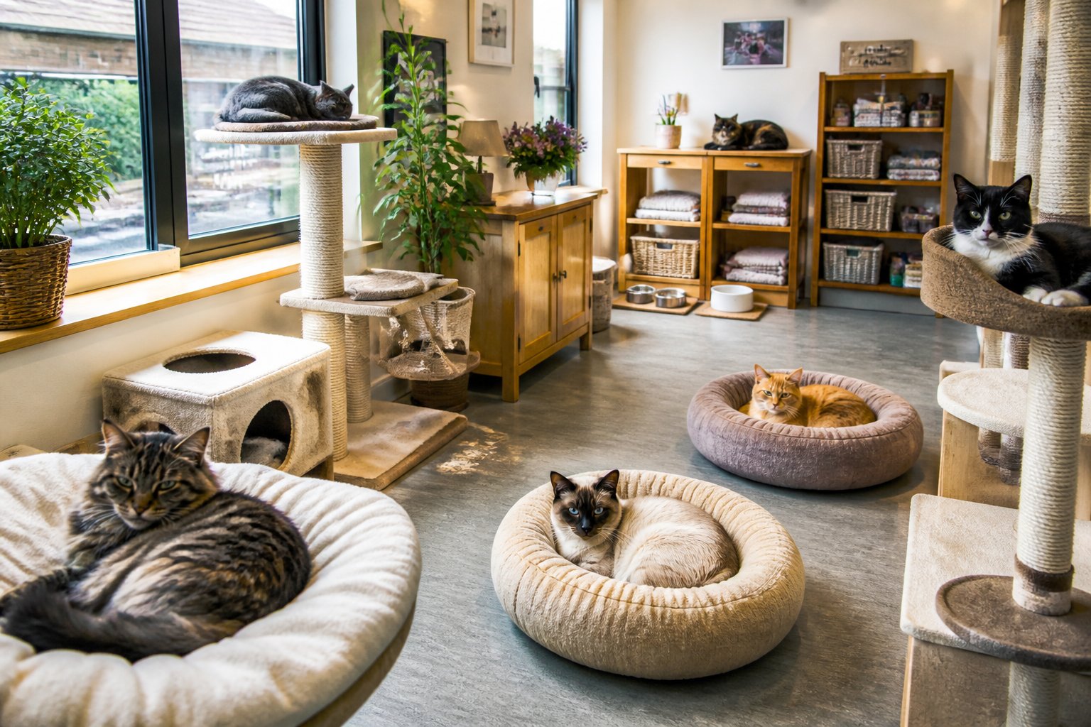 Indoor view of a clean and comfortable cattery with several cats resting on cushions and cat trees in a bright, organised room.