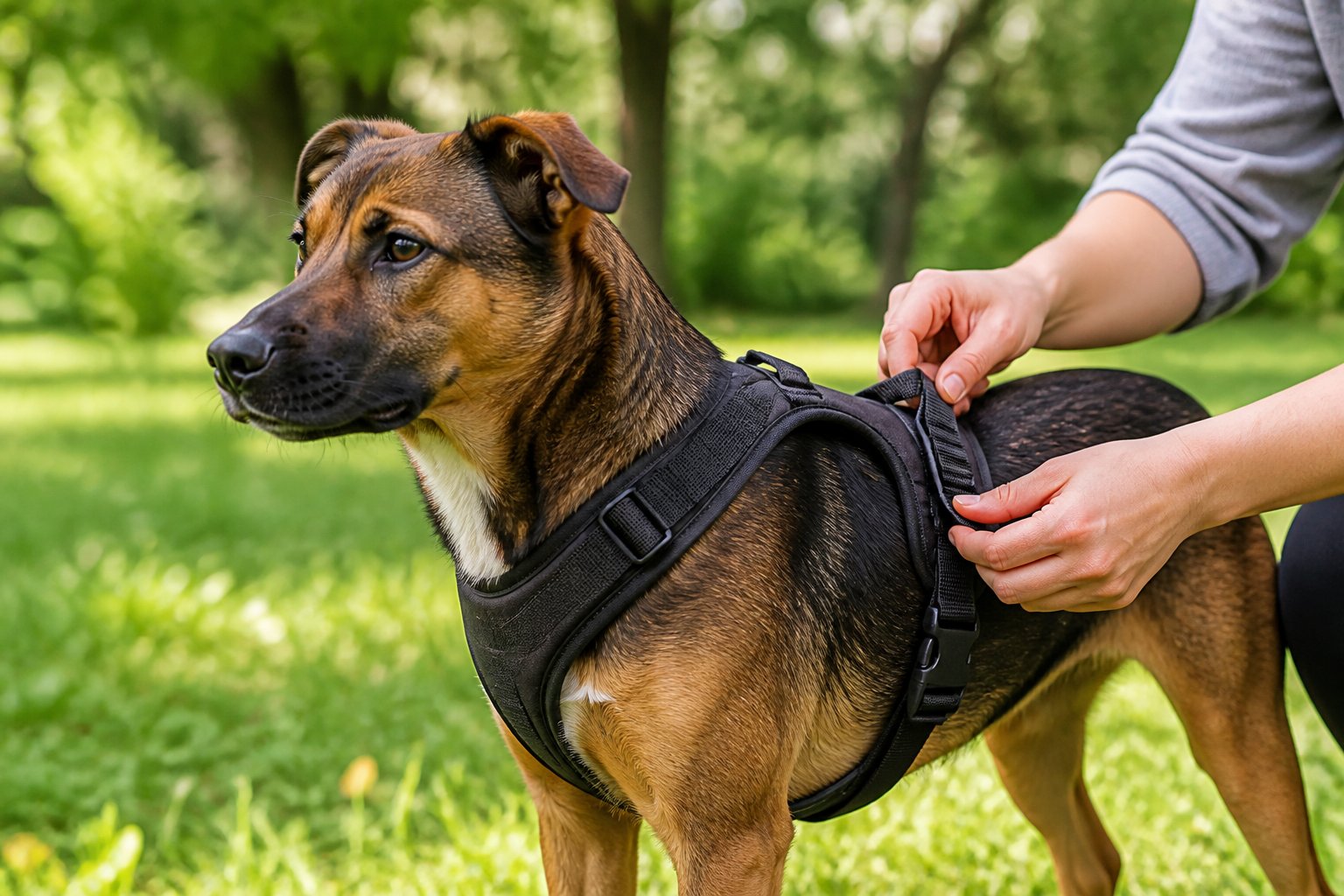 A medium-sized dog wearing a secure harness outdoors with a person adjusting the fit.