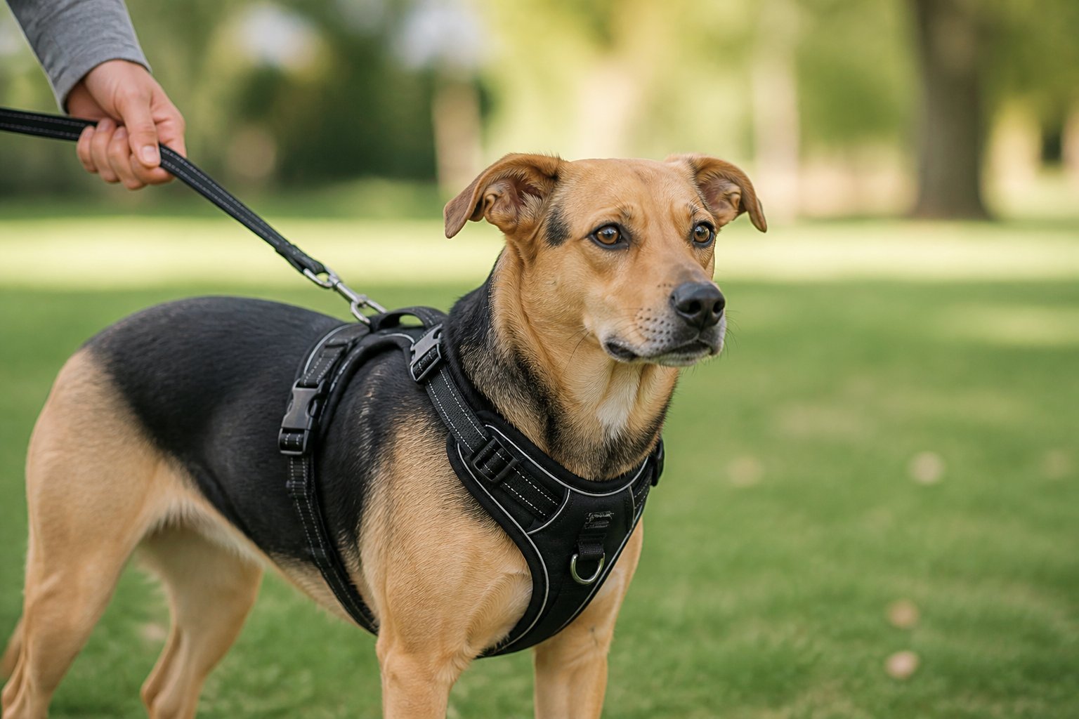 A calm medium-sized dog wearing a sturdy harness outdoors with a handler holding the leash.
