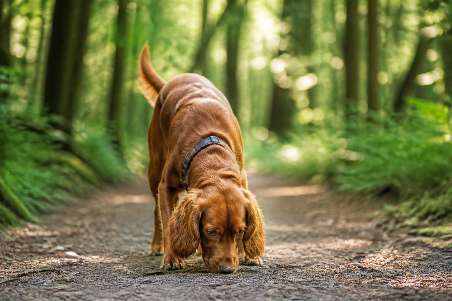A dog walking alone on a forest path, sniffing the ground attentively.