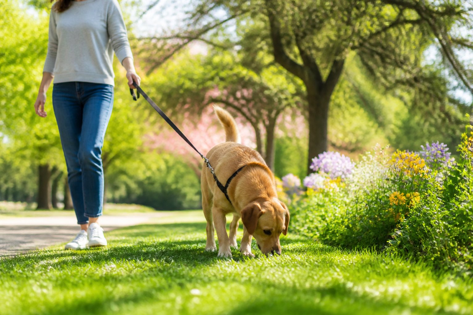 A dog sniffing the grass during a walk in a green park with a person holding its leash nearby.