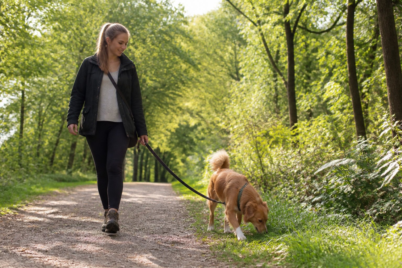 Person walking a dog sniffing plants on a leafy path in a green park.