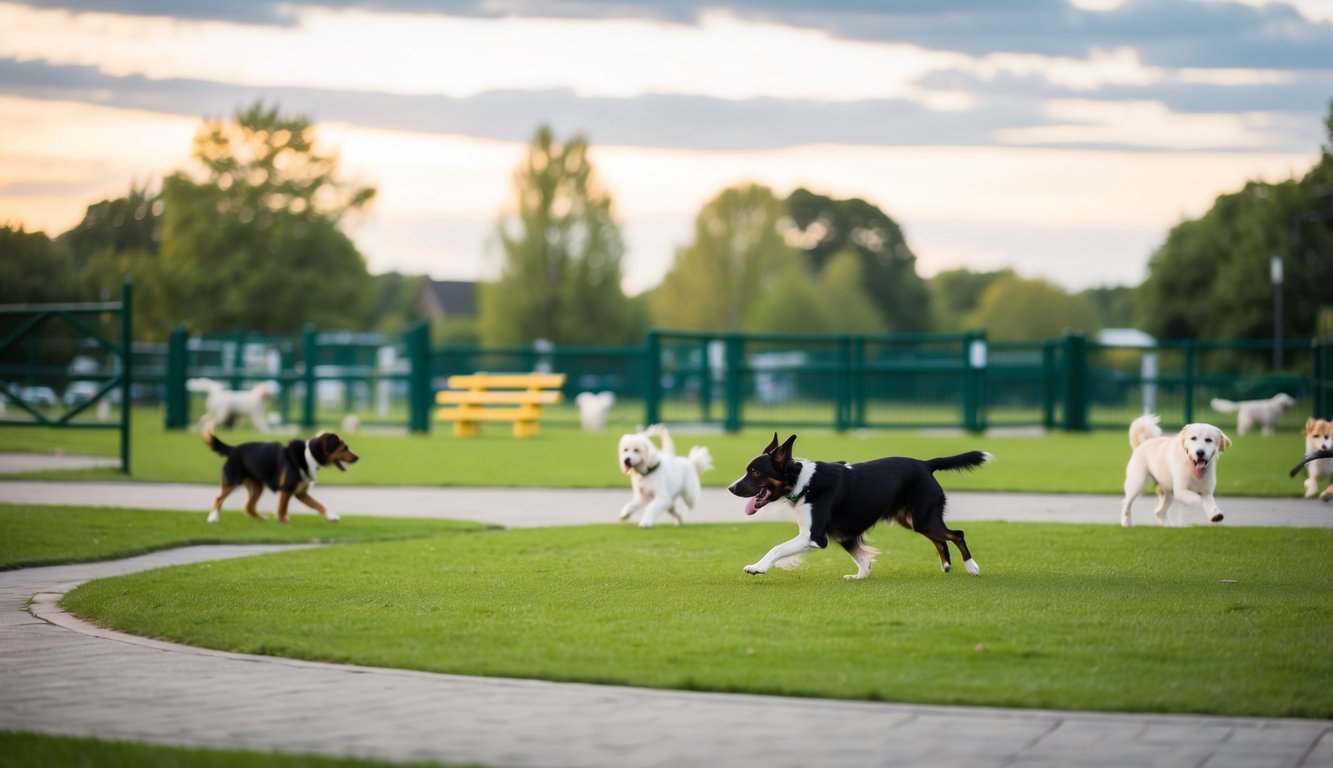 A lively dog park in Sheffield with green grass, fenced areas, and dogs playing