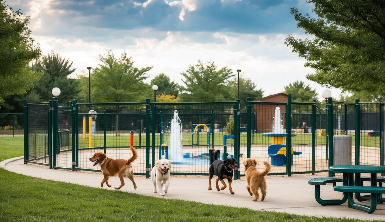 Dogs playing and socializing in a fenced-in park with agility equipment and water fountains, surrounded by trees and benches
