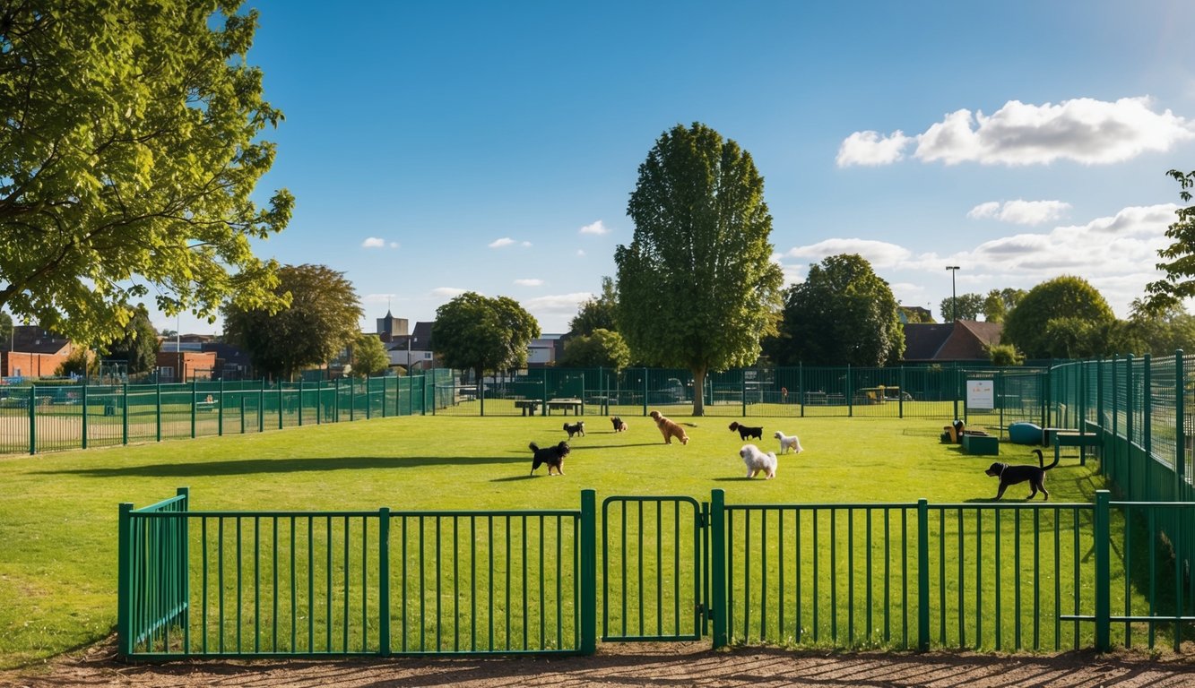 A sunny day at a Sheffield dog park, with green grass, trees, and a fenced-in area for dogs to play