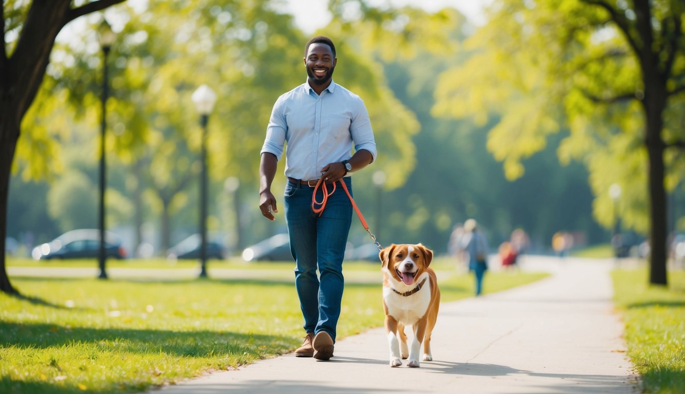 A smiling first-time owner walks a happy, obedient dog on a leash in a sunny park