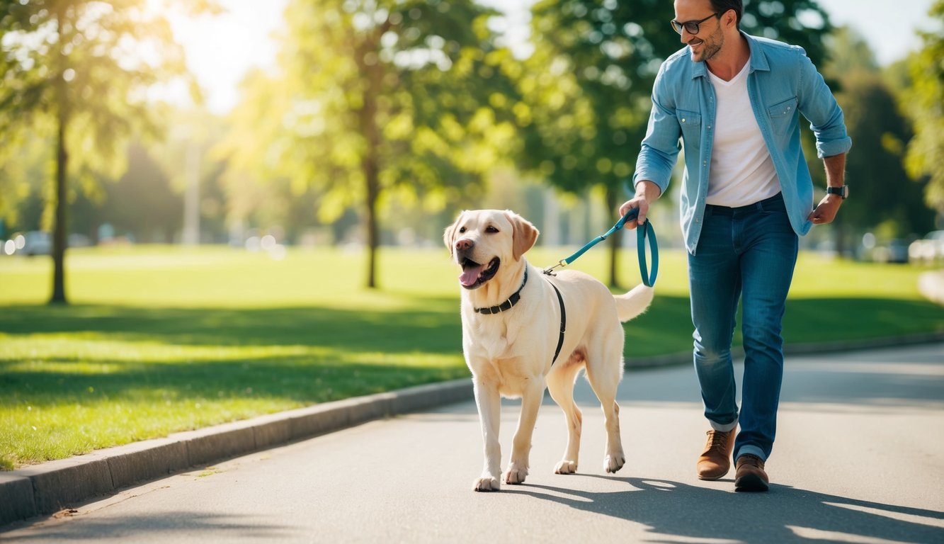 A smiling new dog owner happily walks a well-behaved Labrador retriever in a sunny park