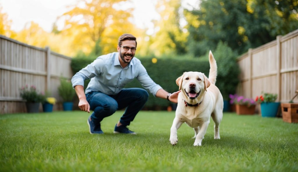 A happy first-time dog owner playing in a spacious backyard with a friendly and trainable breed like a Labrador Retriever
