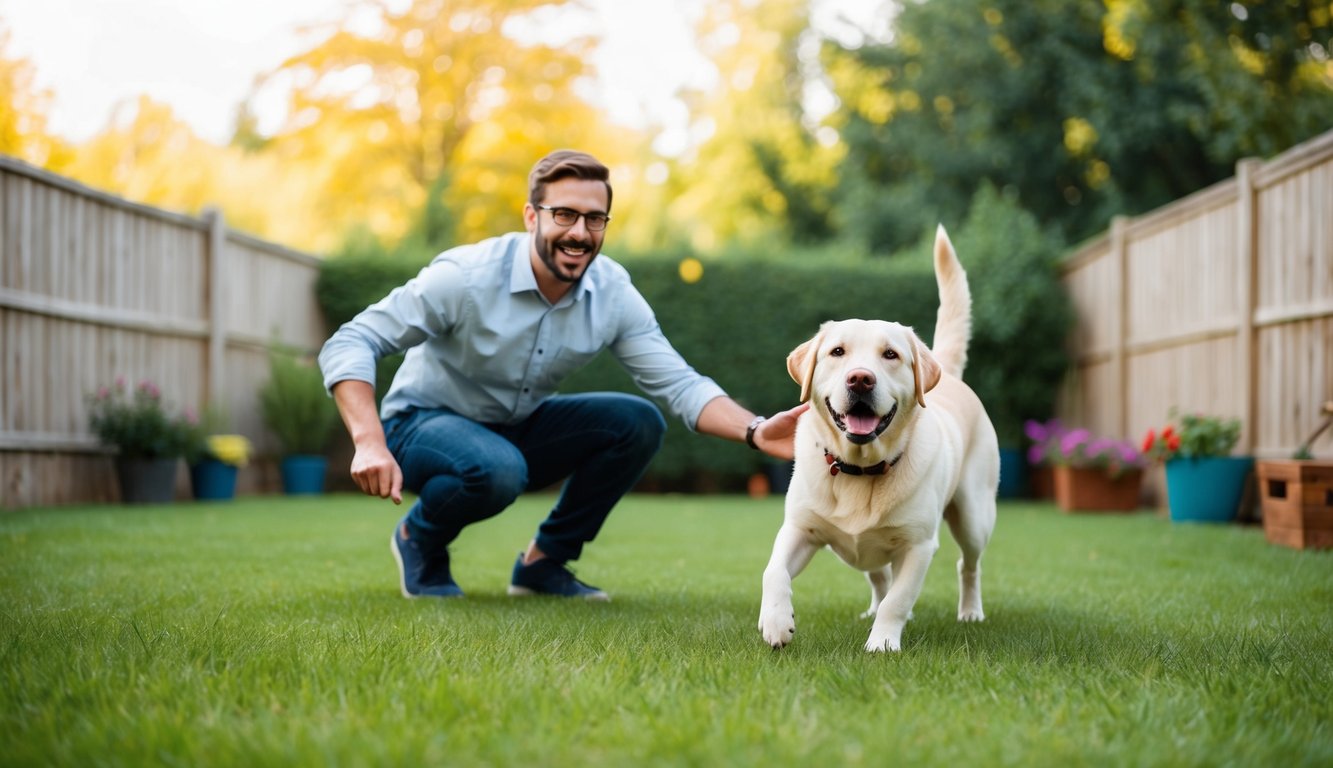 A happy first-time dog owner playing in a spacious backyard with a friendly and trainable breed like a Labrador Retriever