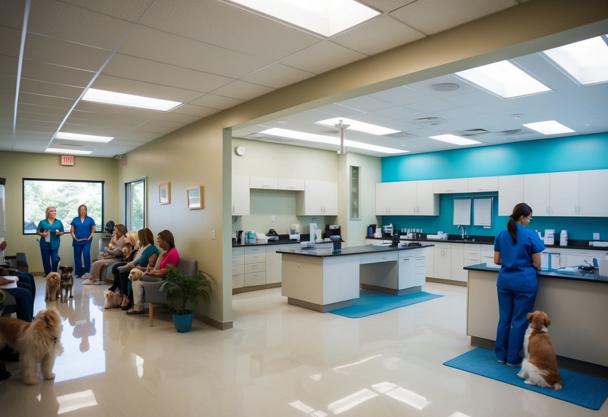 A modern veterinary clinic with a welcoming reception area, examination rooms, and a surgery suite. The waiting room is filled with pet owners and their furry companions