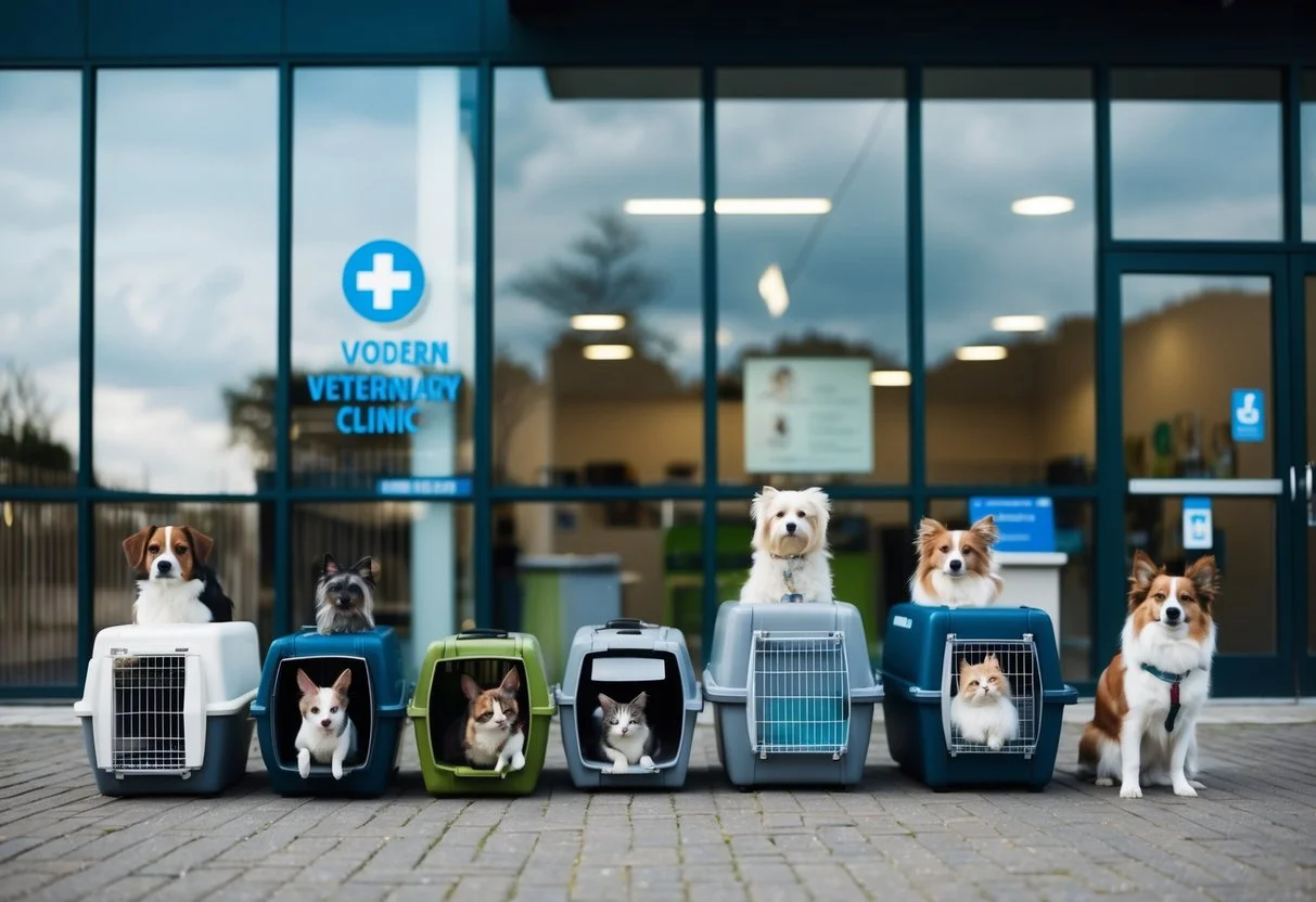 A group of animals waiting outside a modern veterinary clinic in Sheffield, with a mix of dogs, cats, and small pets in carriers