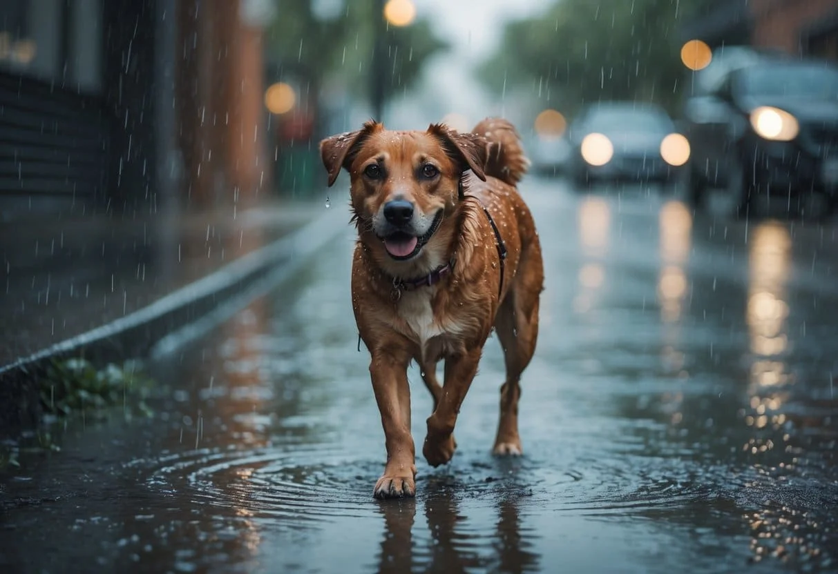 dog walking in rain