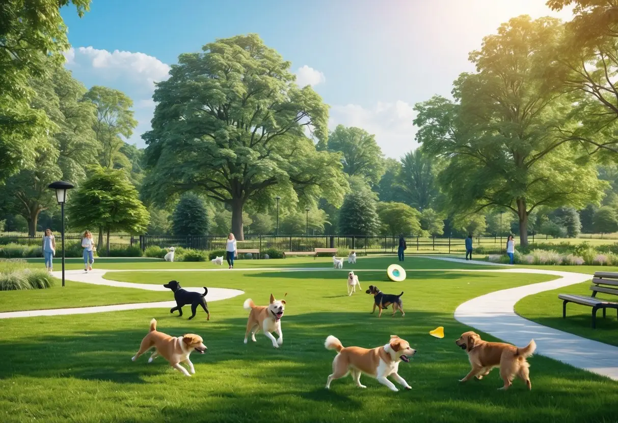 Dogs playing and running in a green park with trees and a walking path, with owners watching nearby on a sunny day.