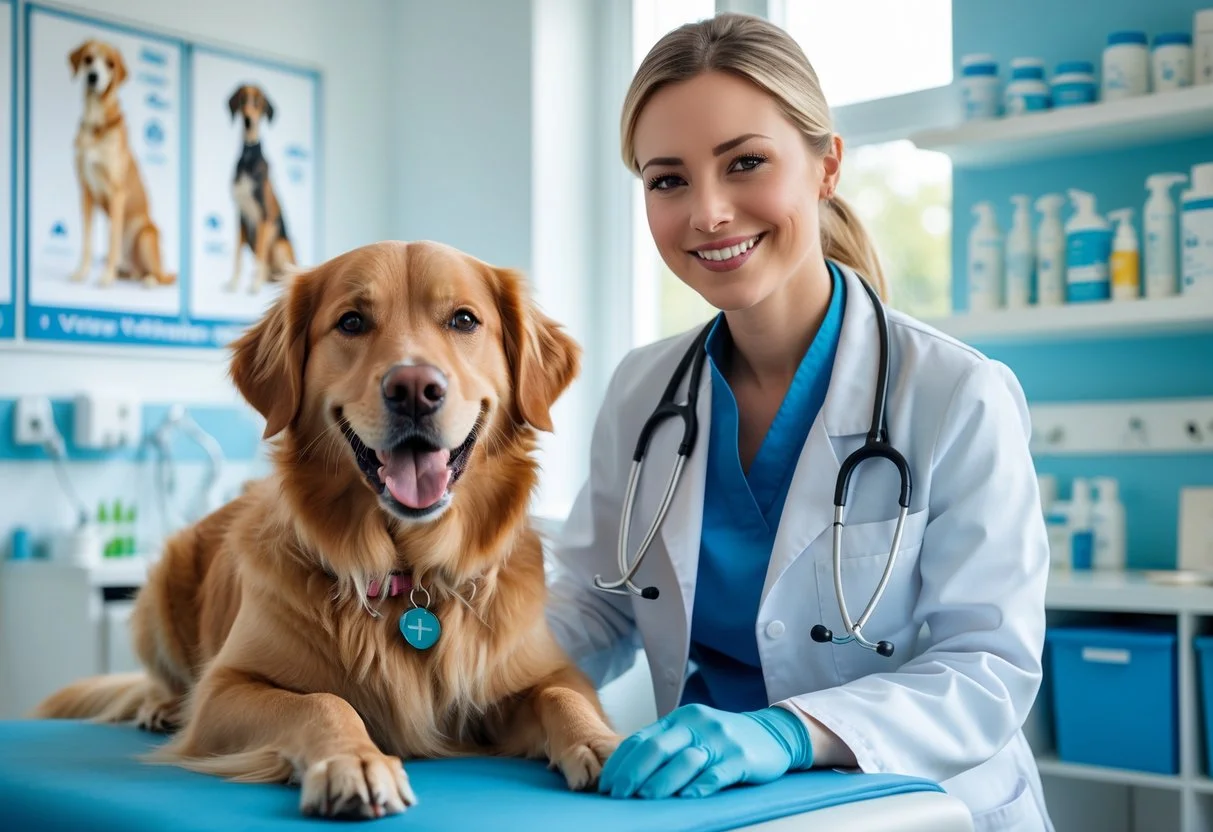 A veterinarian gently examining a golden retriever dog in a bright veterinary clinic examination room.