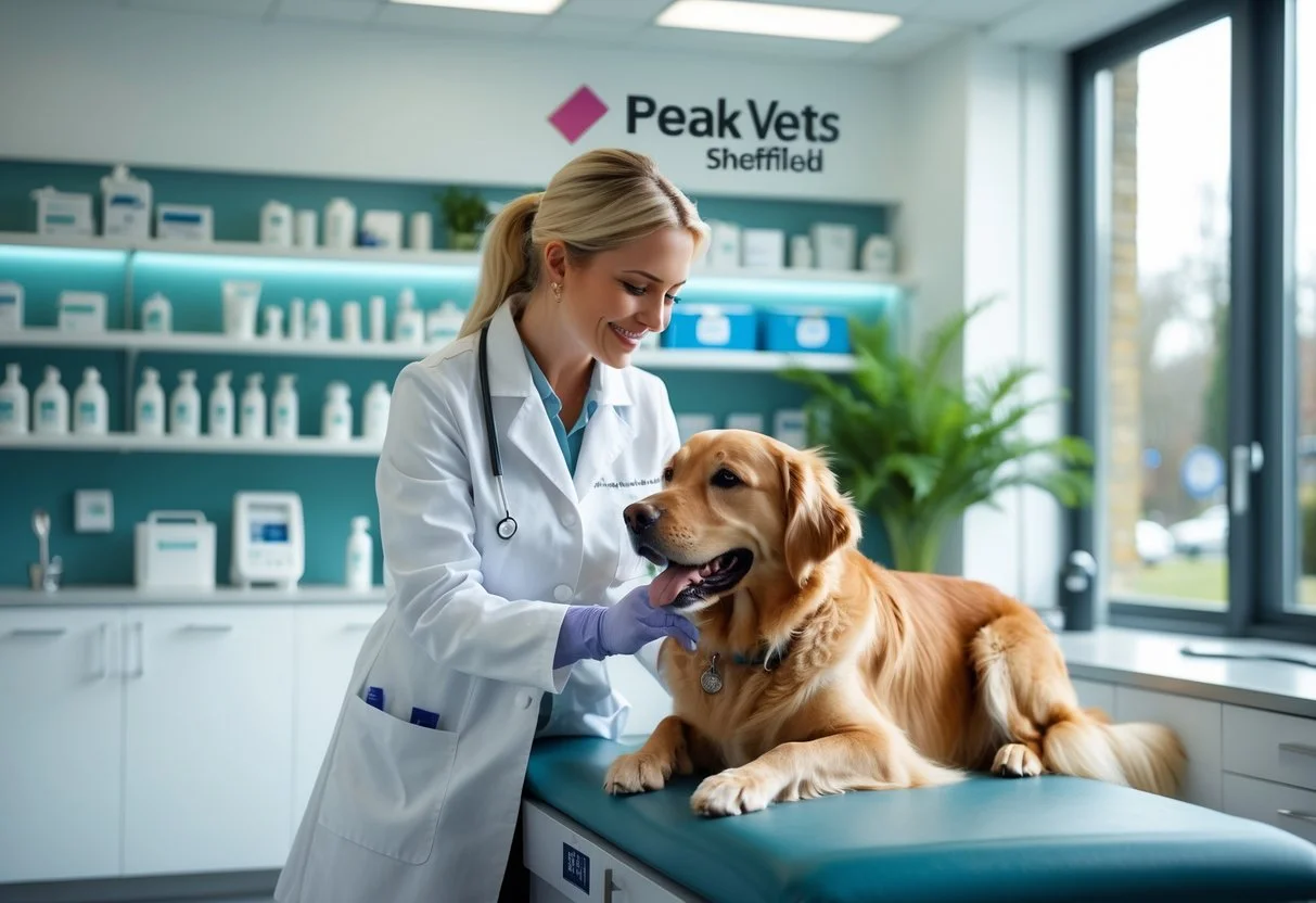 A female vet examining a golden retriever dog in a bright veterinary clinic reception area.