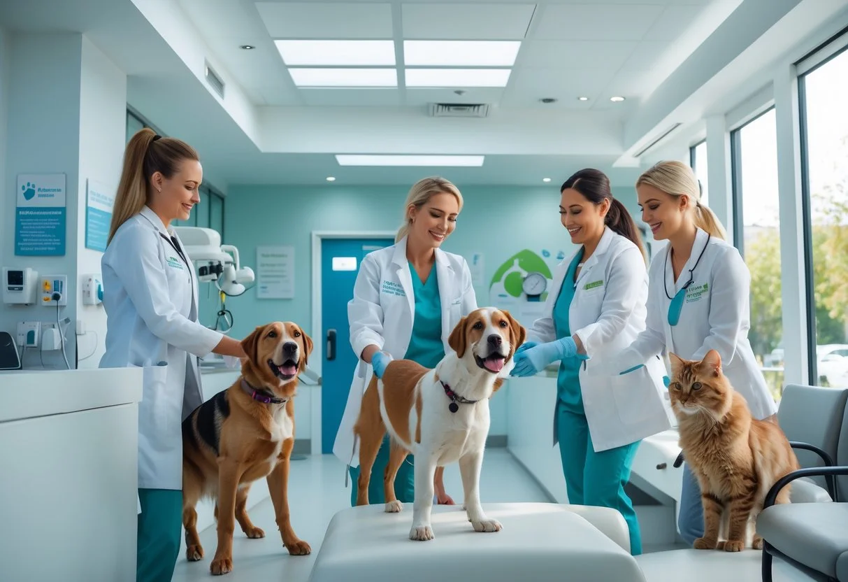 Veterinary staff in white coats interacting with pet owners and their dogs and cats in a bright, modern clinic reception area.