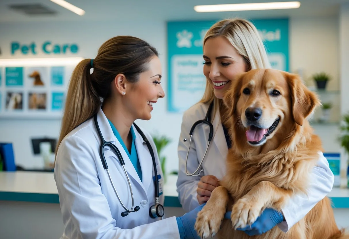 A veterinarian warmly interacting with a pet owner holding a golden retriever in a bright veterinary clinic reception area.
