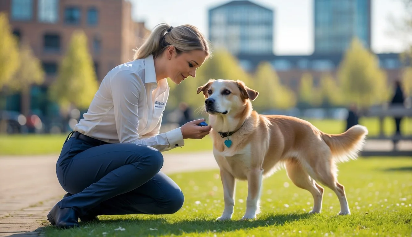A dog behaviourist gently training a dog in an urban park in Sheffield, with buildings and greenery in the background.