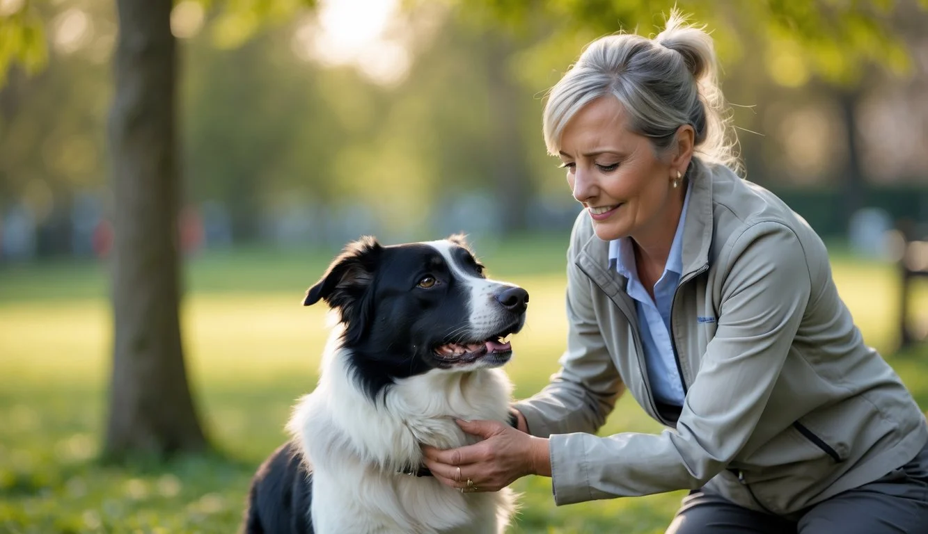 A mature woman gently interacting with a calm dog in a leafy park setting.