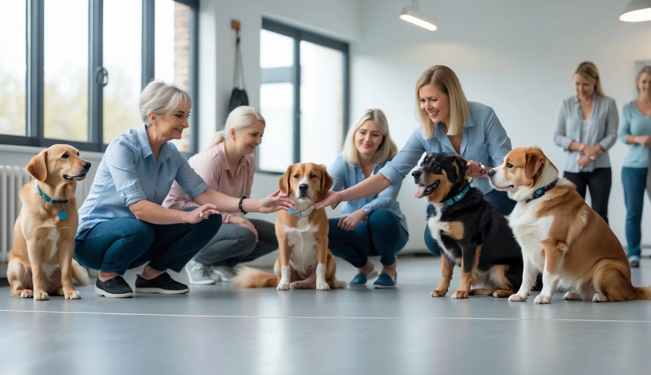 A group of adults and their calm dogs participating in a friendly indoor dog training class led by a trainer.