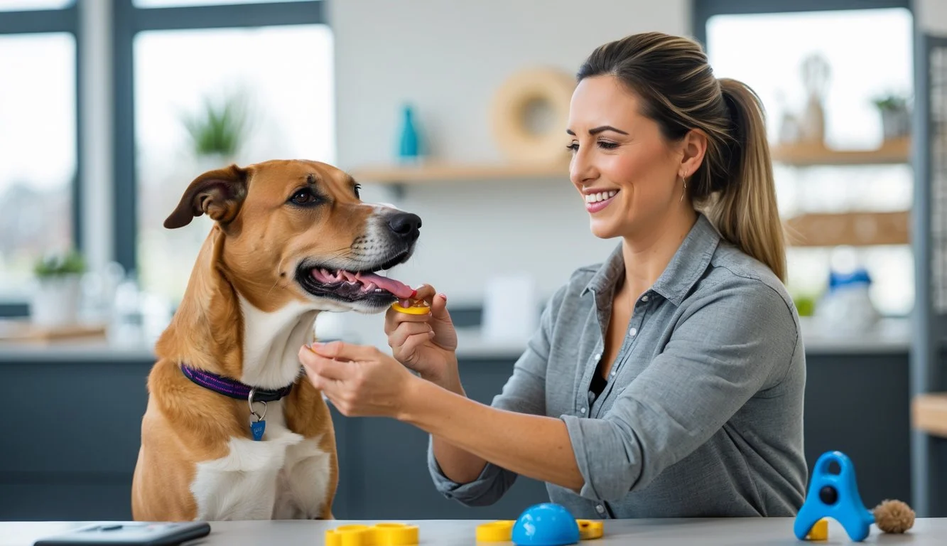 A woman gently training a medium-sized dog in a bright, organised dog behaviour clinic.