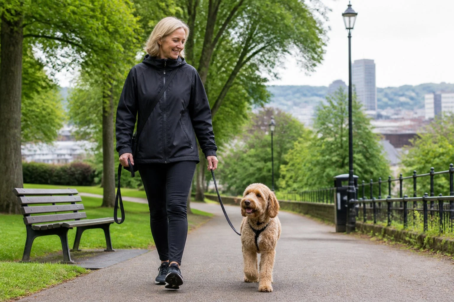 A person walking a dog alone in a green urban park with trees and paths.