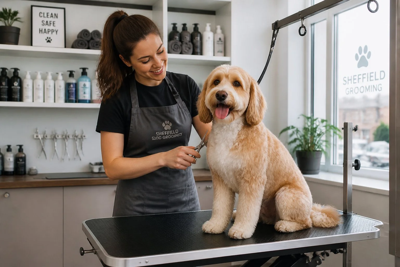 A dog groomer trimming a medium-sized dog on a grooming table inside a bright and tidy grooming salon.