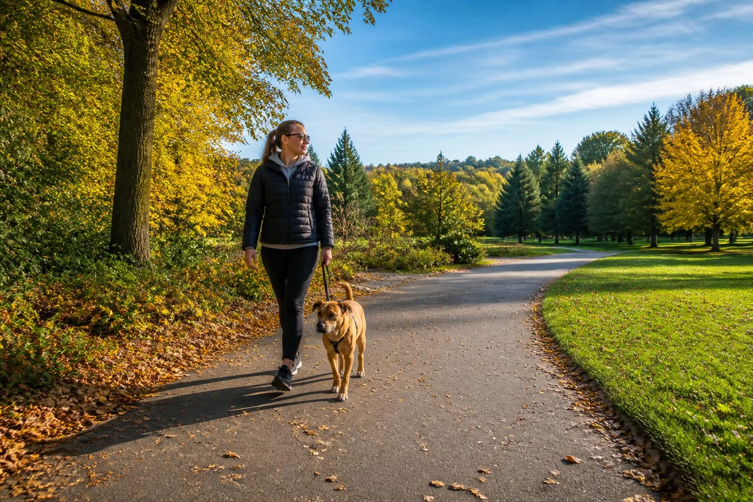 A person walking a calm dog on a leafy path in a Sheffield park with autumn trees and a clear sky.
