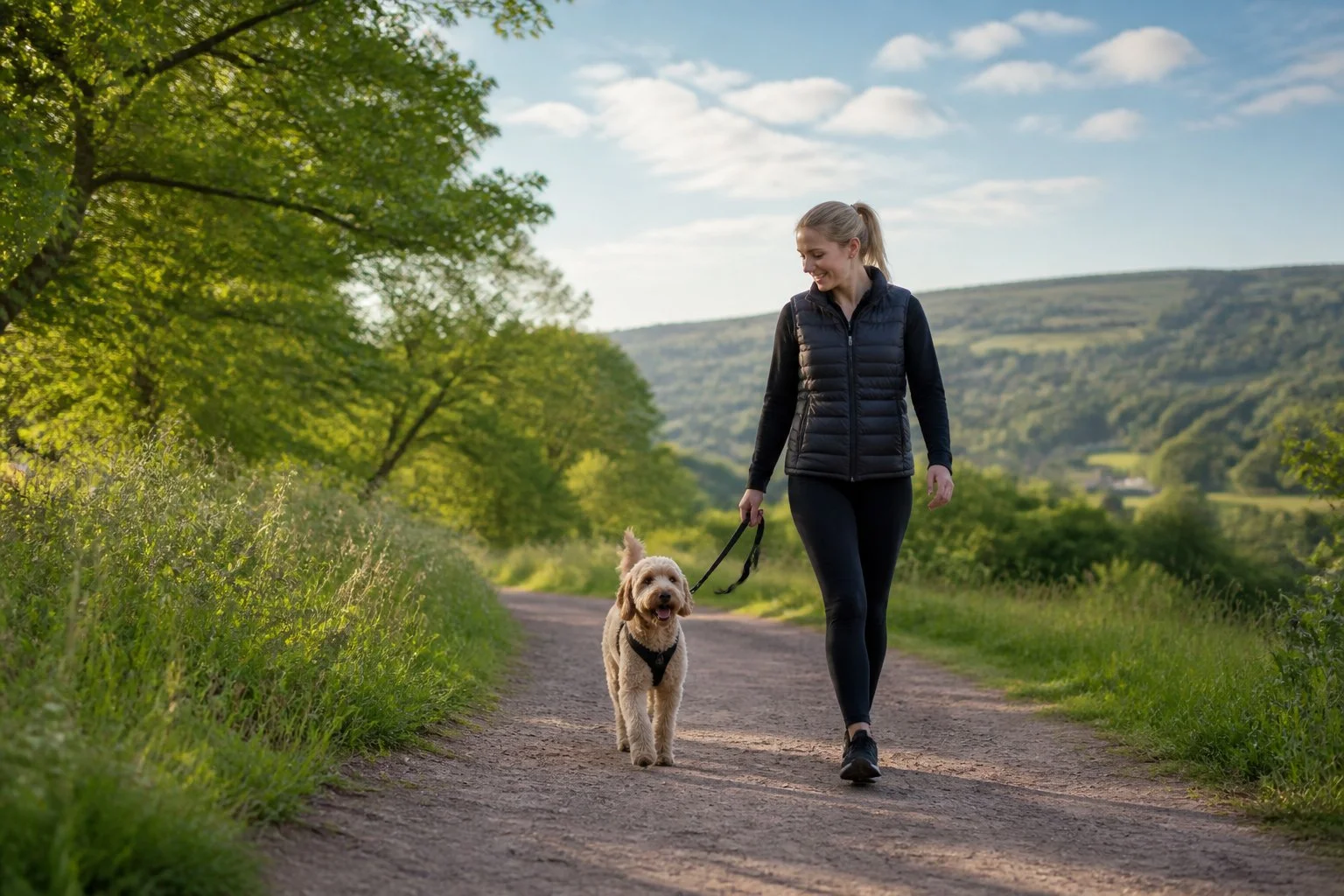 A person walking a dog on a peaceful green path in a park with trees and hills in the background.