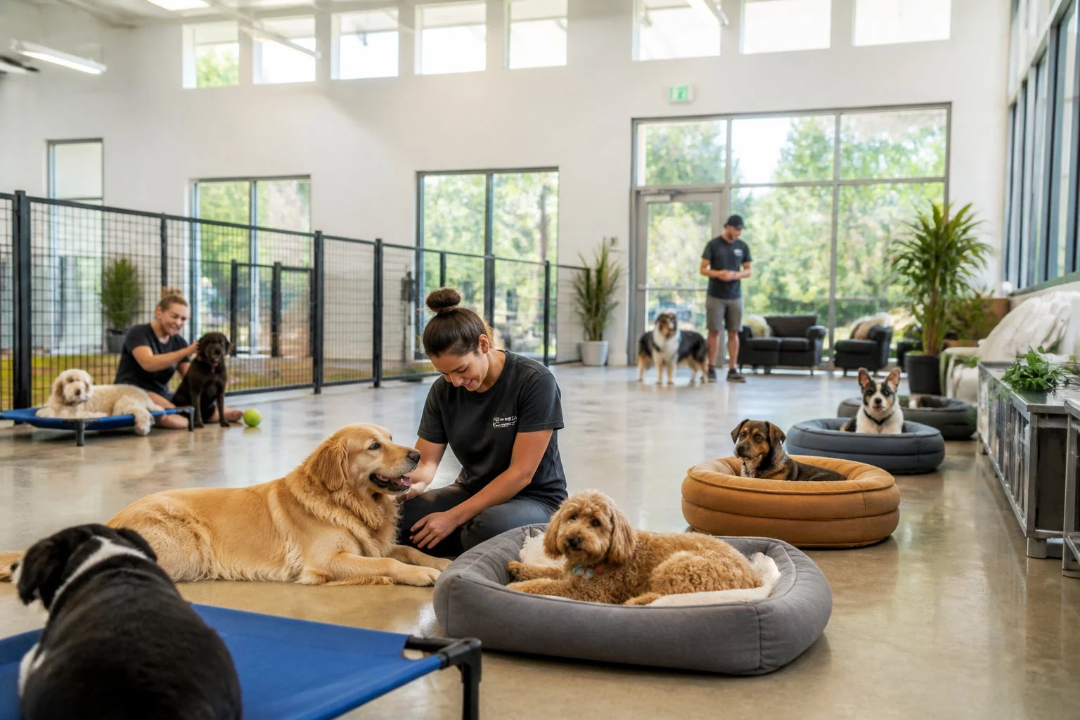 Several dogs resting and playing in a bright, spacious indoor dog boarding area with staff attending to them.