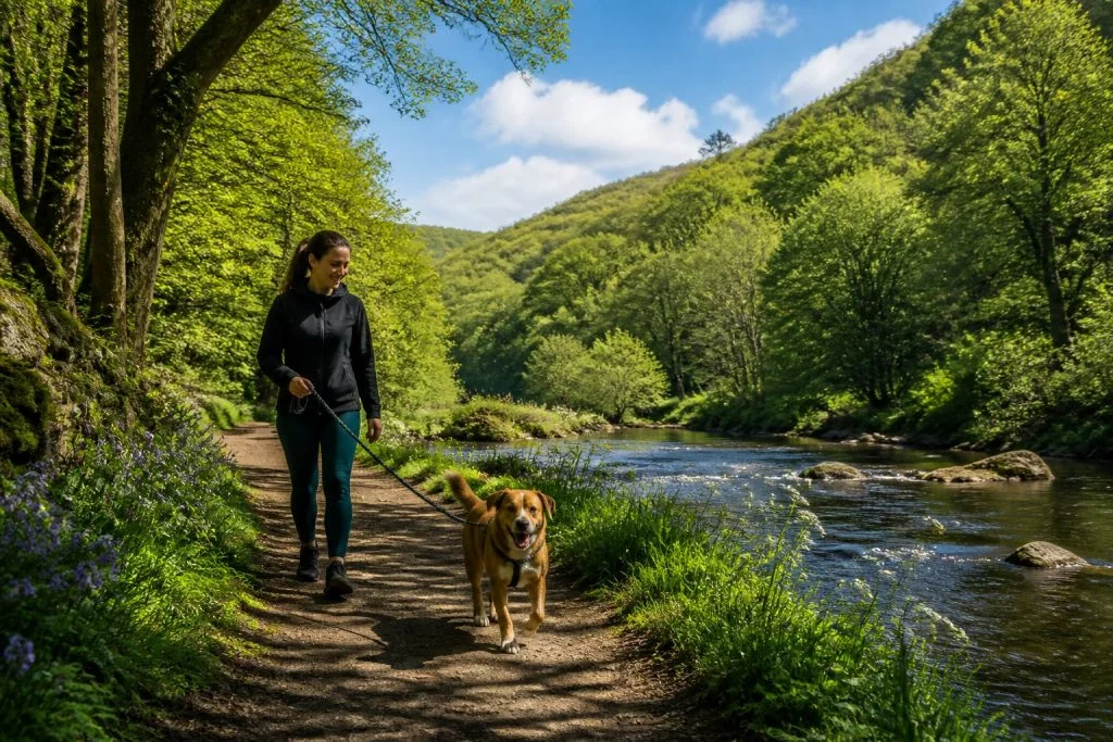 A person walking a dog along a green woodland trail surrounded by trees and plants in Rivelin Valley.