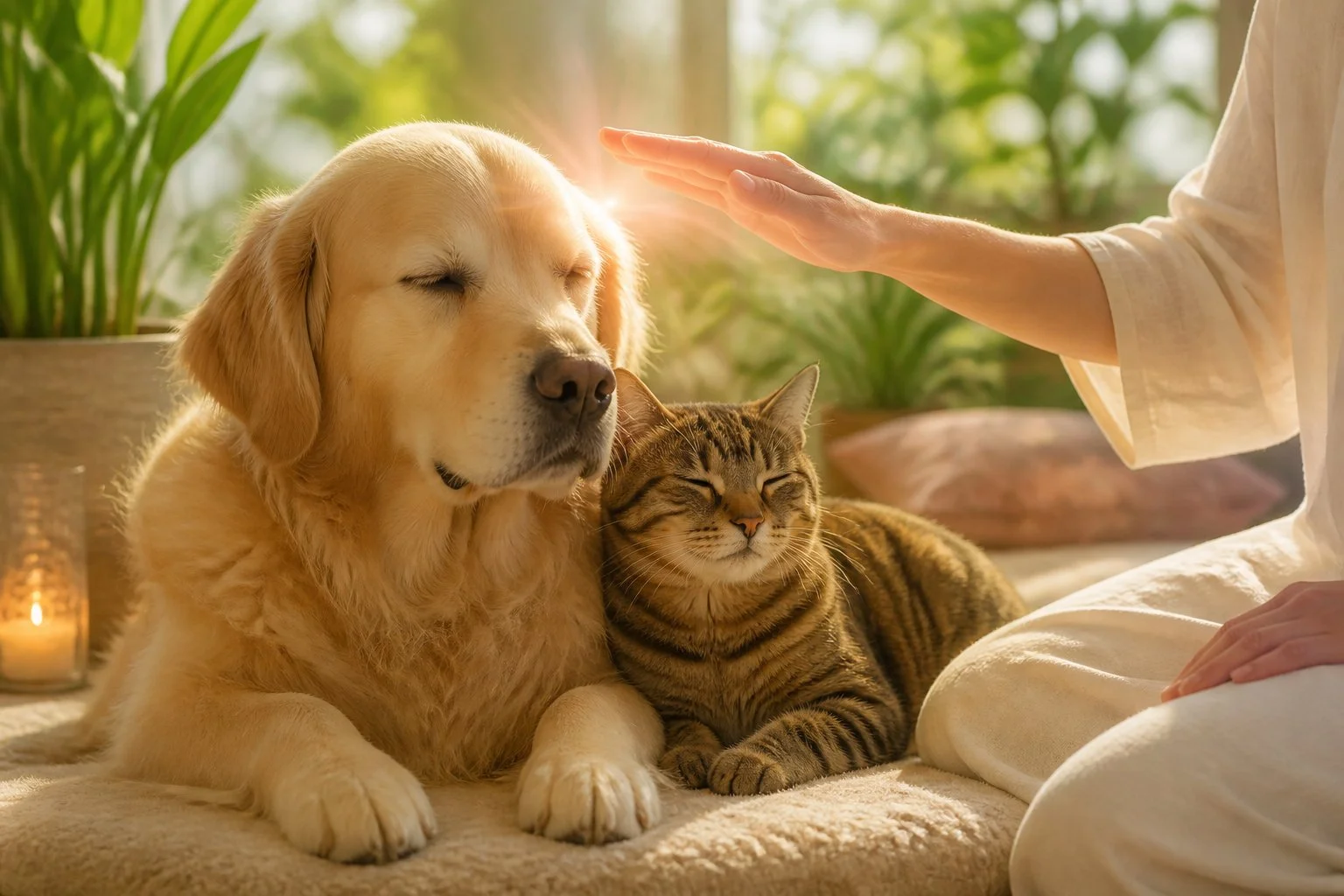 A calm dog and cat sitting together indoors with a gentle hand reaching towards them in a peaceful setting.