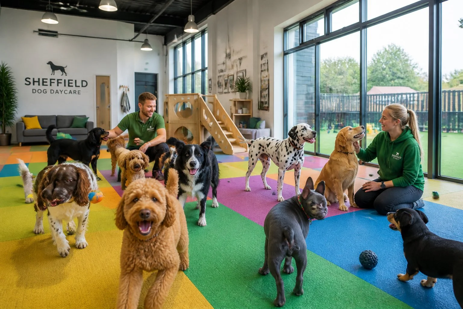 Several dogs playing together indoors at a busy dog daycare with staff members supervising.