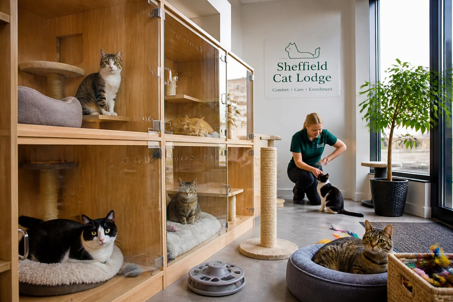 Indoor cattery with several cats resting in spacious enclosures and a staff member interacting with a cat.