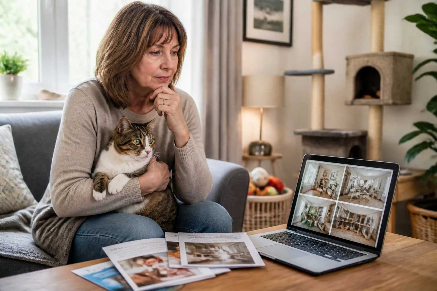 Person holding a cat in a living room with brochures and a laptop showing a cattery, considering cat care options.