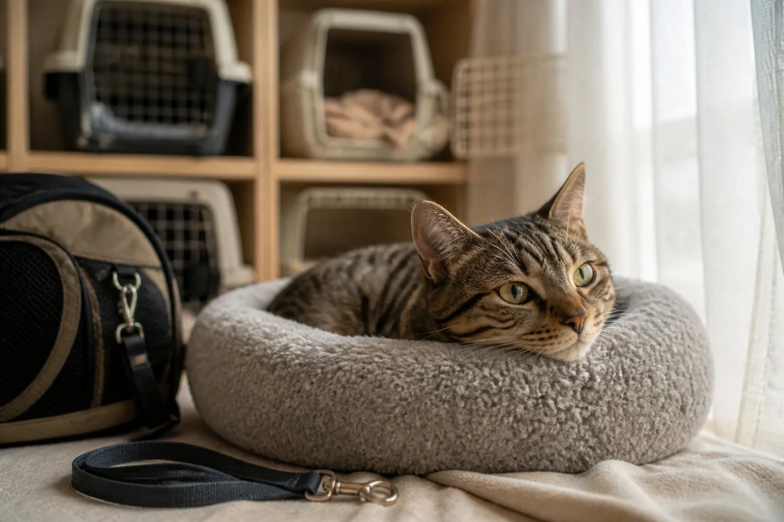 A tabby cat resting curled up on a plush bed near a window in a calm indoor setting with blurred pet carriers and blankets in the background.