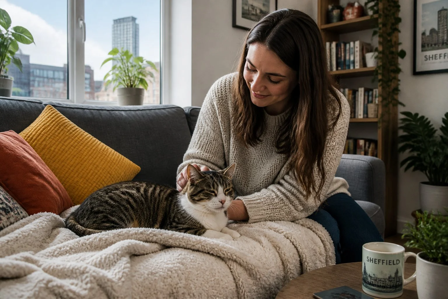 A calm cat resting on a sofa with a person gently interacting with it in a bright, cosy living room.